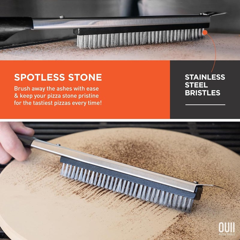OUII 26'' Pizza Oven Brush with Stone Scraper - Includes 2 Brush Heads, Heat-Resistant Silver Stainless Steel Bristles - Long Grip Handle, Compatible with Ooni, Gozney, Blackstone, Solo Stove Ovens - Image 4